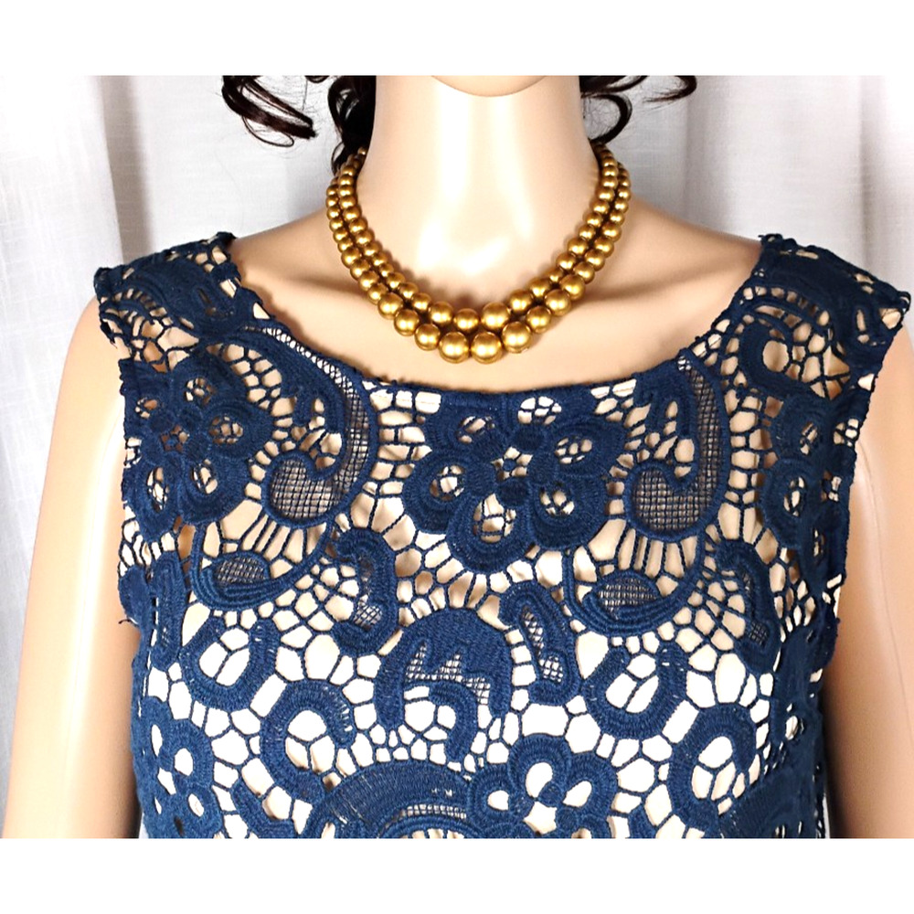 Crochet Lace Sheath Dress Midi Sleeveless V Back Nude Lining Cocktail Wedding - Picture 6 of 16